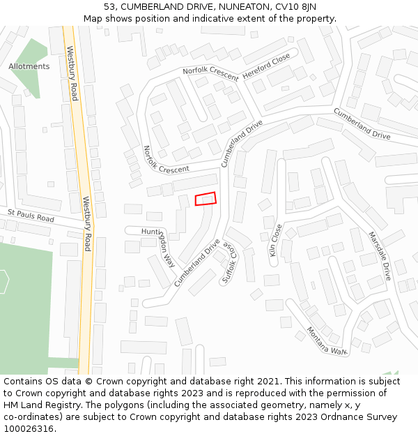 53, CUMBERLAND DRIVE, NUNEATON, CV10 8JN: Location map and indicative extent of plot