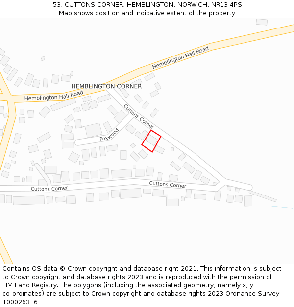 53, CUTTONS CORNER, HEMBLINGTON, NORWICH, NR13 4PS: Location map and indicative extent of plot