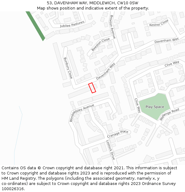 53, DAVENHAM WAY, MIDDLEWICH, CW10 0SW: Location map and indicative extent of plot