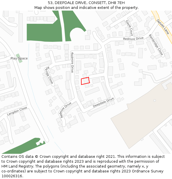 53, DEEPDALE DRIVE, CONSETT, DH8 7EH: Location map and indicative extent of plot