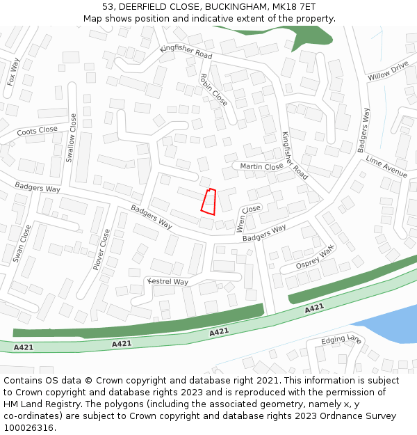 53, DEERFIELD CLOSE, BUCKINGHAM, MK18 7ET: Location map and indicative extent of plot