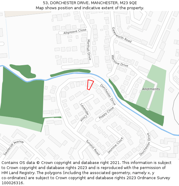 53, DORCHESTER DRIVE, MANCHESTER, M23 9QE: Location map and indicative extent of plot