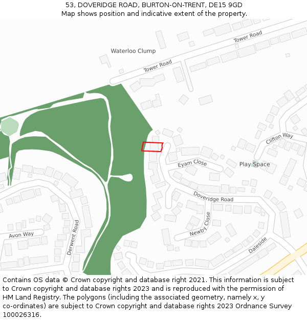 53, DOVERIDGE ROAD, BURTON-ON-TRENT, DE15 9GD: Location map and indicative extent of plot