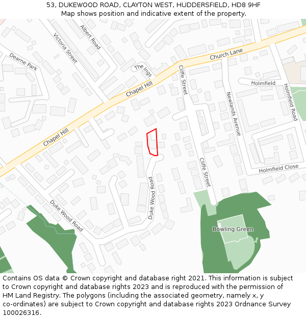 53, DUKEWOOD ROAD, CLAYTON WEST, HUDDERSFIELD, HD8 9HF: Location map and indicative extent of plot