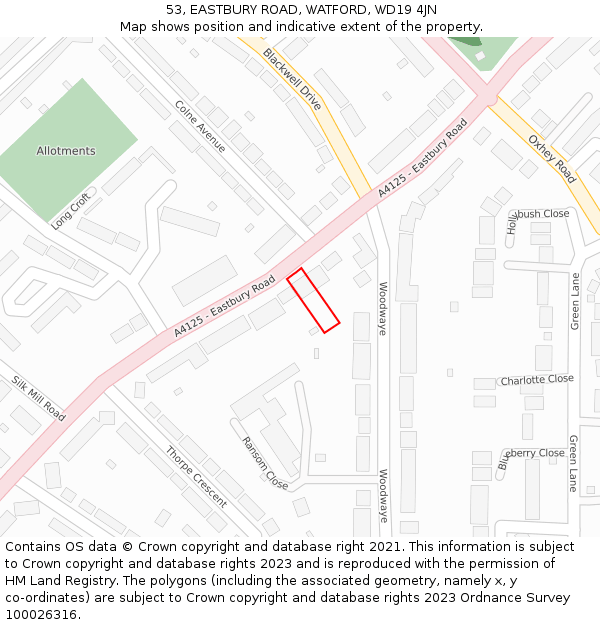 53, EASTBURY ROAD, WATFORD, WD19 4JN: Location map and indicative extent of plot