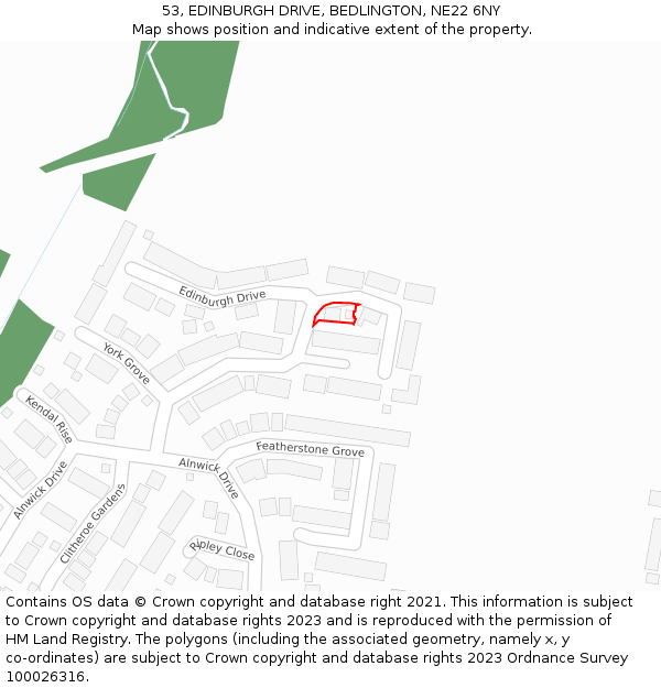 53, EDINBURGH DRIVE, BEDLINGTON, NE22 6NY: Location map and indicative extent of plot