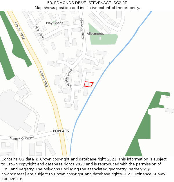 53, EDMONDS DRIVE, STEVENAGE, SG2 9TJ: Location map and indicative extent of plot