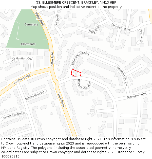 53, ELLESMERE CRESCENT, BRACKLEY, NN13 6BP: Location map and indicative extent of plot