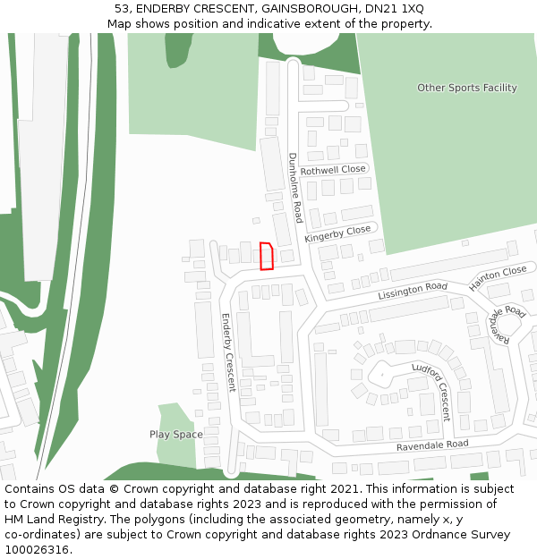 53, ENDERBY CRESCENT, GAINSBOROUGH, DN21 1XQ: Location map and indicative extent of plot