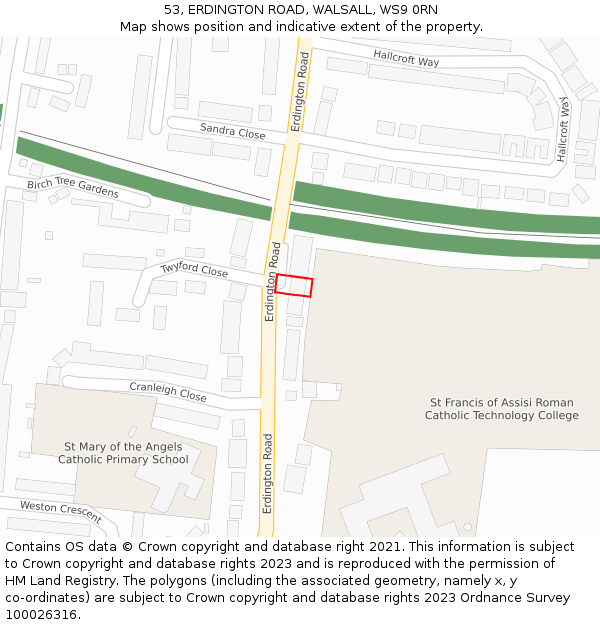 53, ERDINGTON ROAD, WALSALL, WS9 0RN: Location map and indicative extent of plot