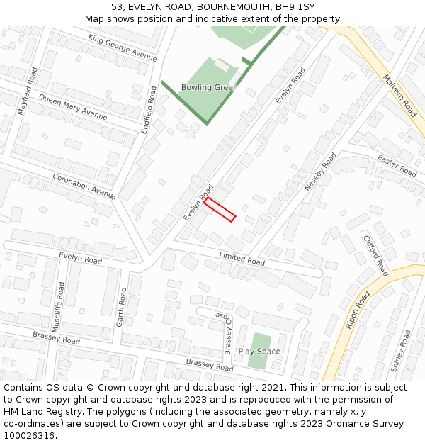 53, EVELYN ROAD, BOURNEMOUTH, BH9 1SY: Location map and indicative extent of plot