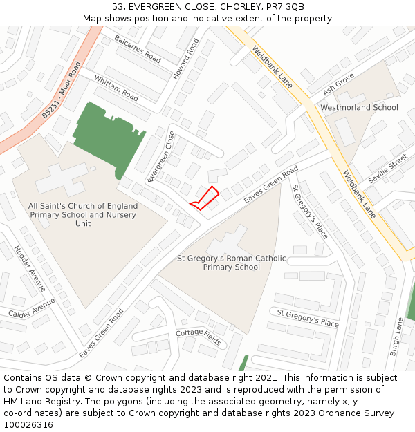 53, EVERGREEN CLOSE, CHORLEY, PR7 3QB: Location map and indicative extent of plot