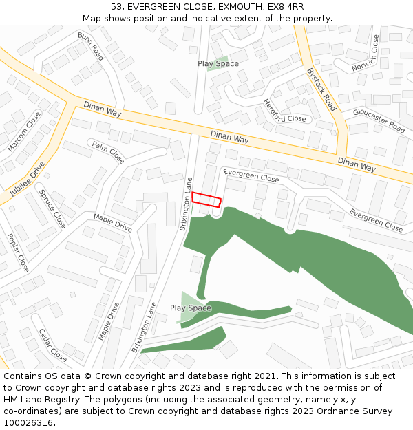 53, EVERGREEN CLOSE, EXMOUTH, EX8 4RR: Location map and indicative extent of plot