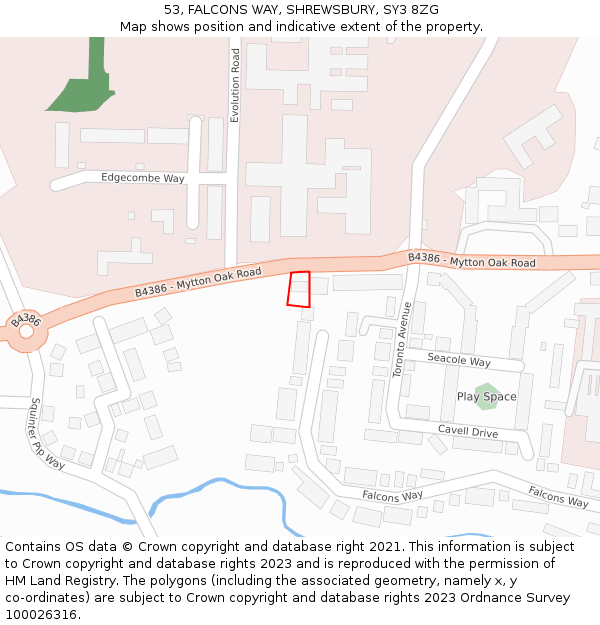 53, FALCONS WAY, SHREWSBURY, SY3 8ZG: Location map and indicative extent of plot