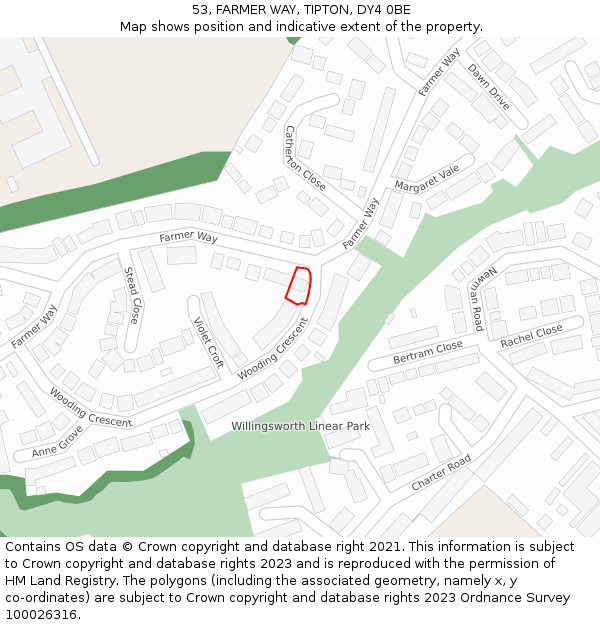 53, FARMER WAY, TIPTON, DY4 0BE: Location map and indicative extent of plot