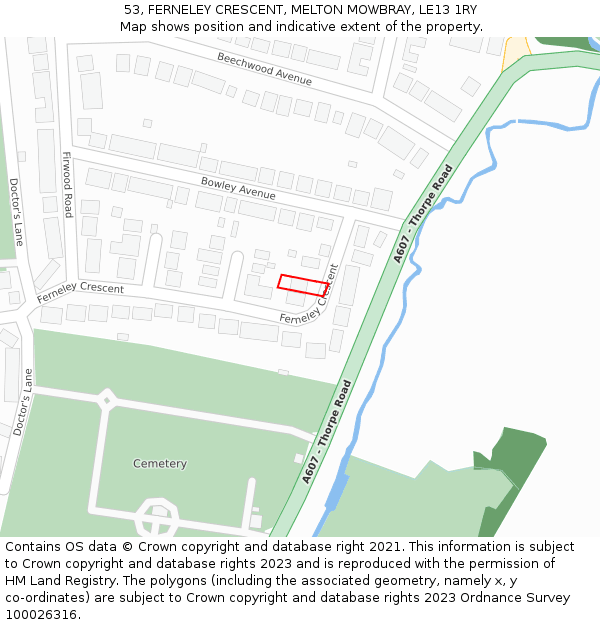 53, FERNELEY CRESCENT, MELTON MOWBRAY, LE13 1RY: Location map and indicative extent of plot