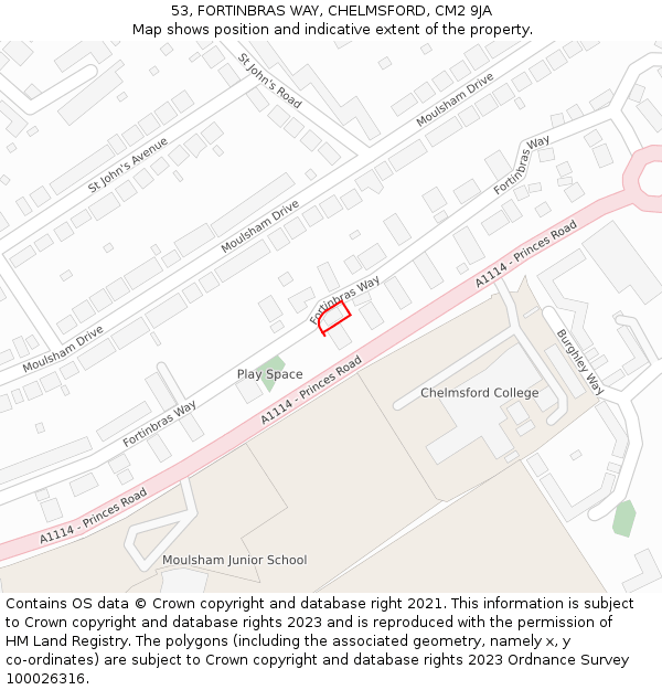 53, FORTINBRAS WAY, CHELMSFORD, CM2 9JA: Location map and indicative extent of plot