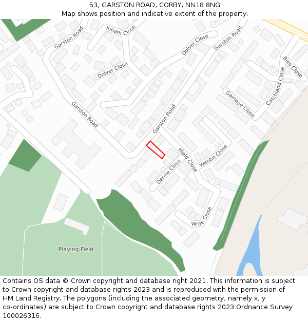 53, GARSTON ROAD, CORBY, NN18 8NG: Location map and indicative extent of plot