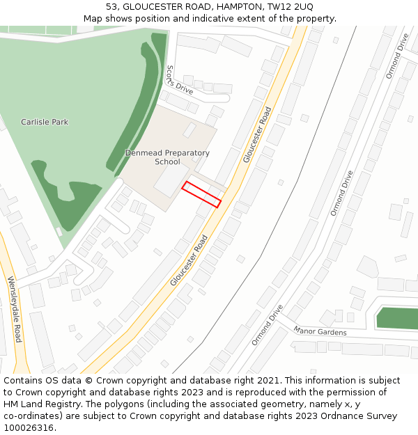 53, GLOUCESTER ROAD, HAMPTON, TW12 2UQ: Location map and indicative extent of plot