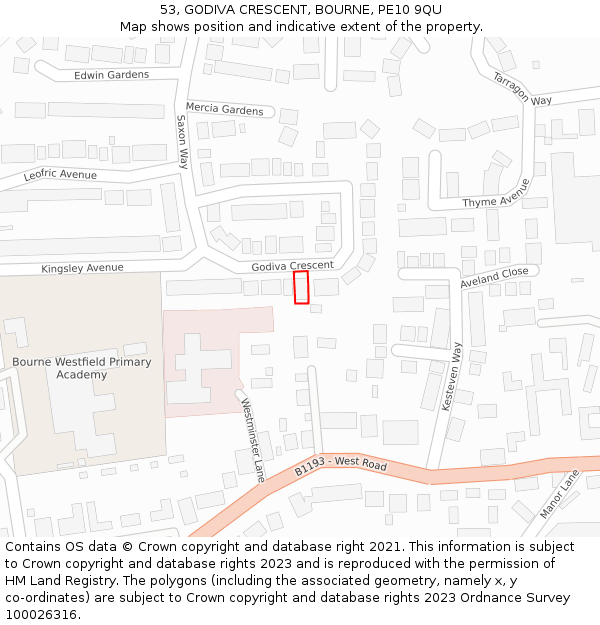 53, GODIVA CRESCENT, BOURNE, PE10 9QU: Location map and indicative extent of plot