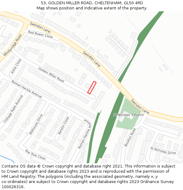 53, GOLDEN MILLER ROAD, CHELTENHAM, GL50 4RD: Location map and indicative extent of plot