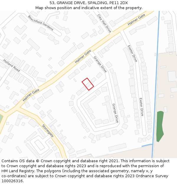 53, GRANGE DRIVE, SPALDING, PE11 2DX: Location map and indicative extent of plot