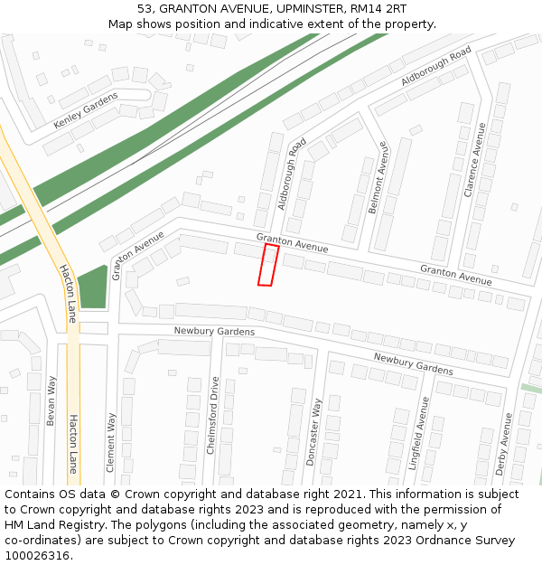 53, GRANTON AVENUE, UPMINSTER, RM14 2RT: Location map and indicative extent of plot