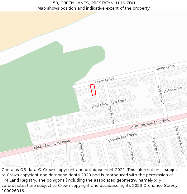 53, GREEN LANES, PRESTATYN, LL19 7BH: Location map and indicative extent of plot