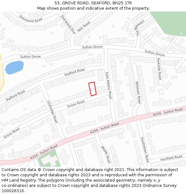 53, GROVE ROAD, SEAFORD, BN25 1TR: Location map and indicative extent of plot