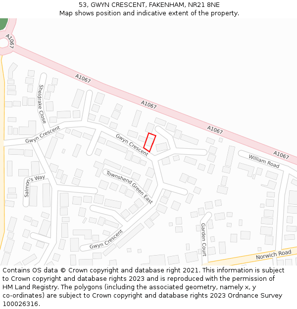 53, GWYN CRESCENT, FAKENHAM, NR21 8NE: Location map and indicative extent of plot