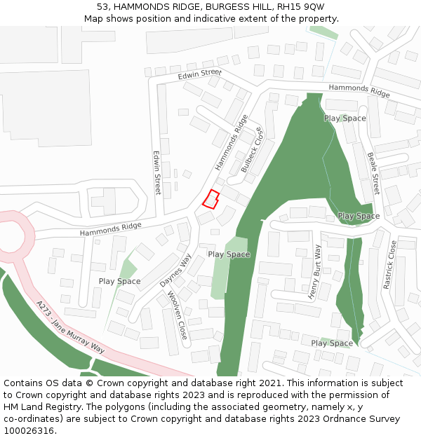 53, HAMMONDS RIDGE, BURGESS HILL, RH15 9QW: Location map and indicative extent of plot