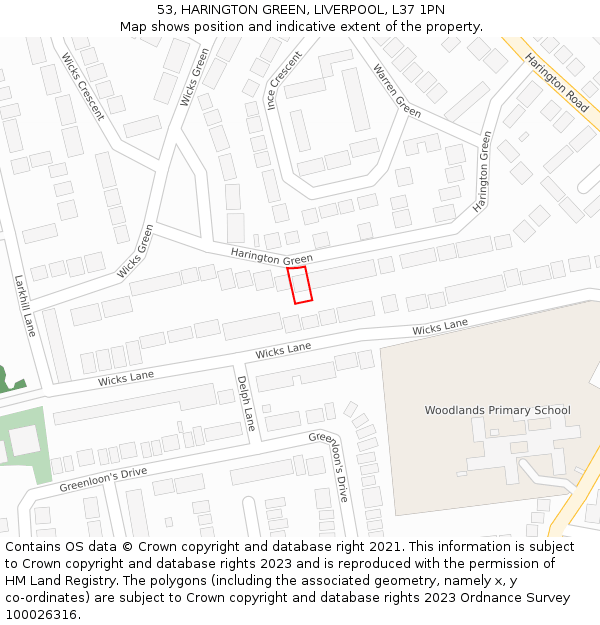 53, HARINGTON GREEN, LIVERPOOL, L37 1PN: Location map and indicative extent of plot