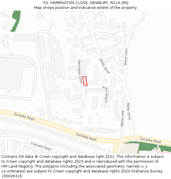 53, HARRINGTON CLOSE, NEWBURY, RG14 2RQ: Location map and indicative extent of plot