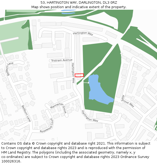 53, HARTINGTON WAY, DARLINGTON, DL3 0RZ: Location map and indicative extent of plot