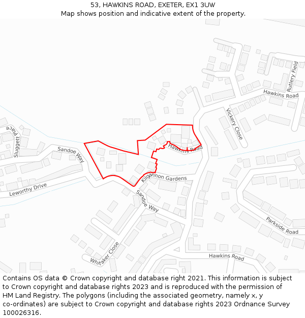 53, HAWKINS ROAD, EXETER, EX1 3UW: Location map and indicative extent of plot