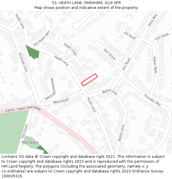 53, HEATH LANE, FARNHAM, GU9 0PR: Location map and indicative extent of plot