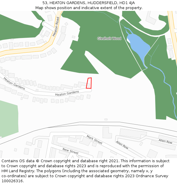 53, HEATON GARDENS, HUDDERSFIELD, HD1 4JA: Location map and indicative extent of plot