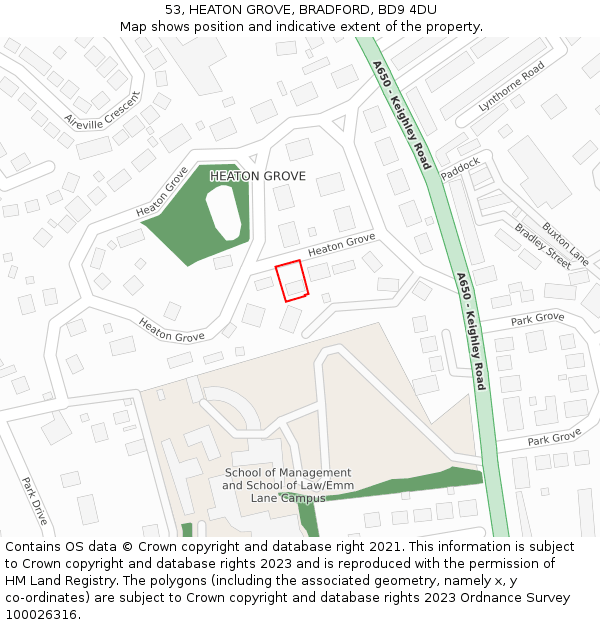 53, HEATON GROVE, BRADFORD, BD9 4DU: Location map and indicative extent of plot
