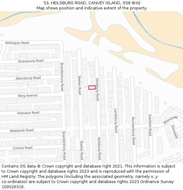 53, HEILSBURG ROAD, CANVEY ISLAND, SS8 8HQ: Location map and indicative extent of plot