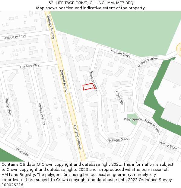 53, HERITAGE DRIVE, GILLINGHAM, ME7 3EQ: Location map and indicative extent of plot