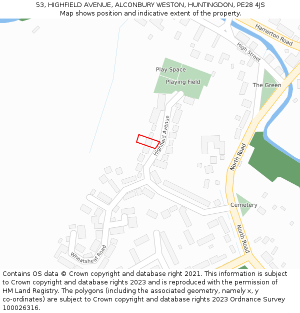 53, HIGHFIELD AVENUE, ALCONBURY WESTON, HUNTINGDON, PE28 4JS: Location map and indicative extent of plot