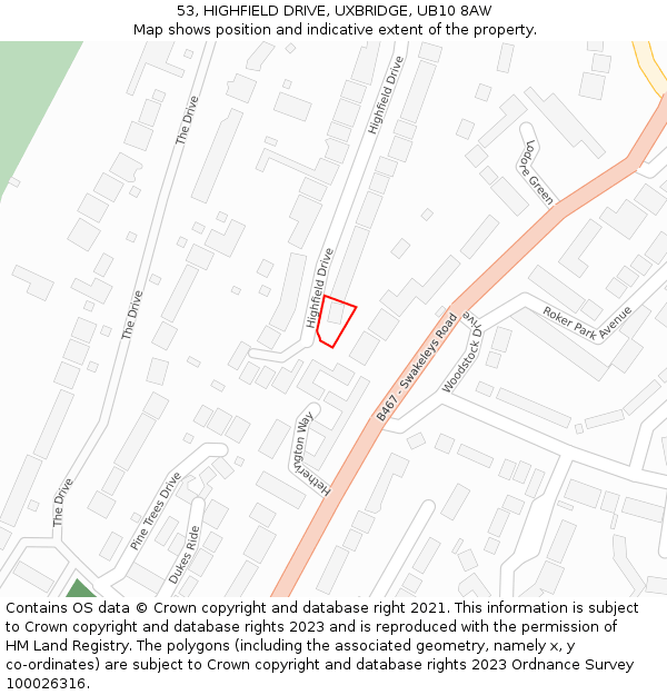 53, HIGHFIELD DRIVE, UXBRIDGE, UB10 8AW: Location map and indicative extent of plot