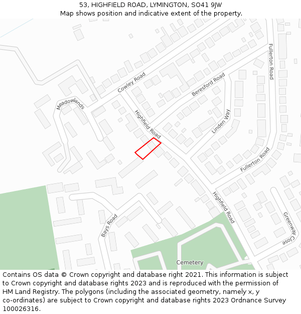 53, HIGHFIELD ROAD, LYMINGTON, SO41 9JW: Location map and indicative extent of plot