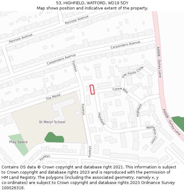 53, HIGHFIELD, WATFORD, WD19 5DY: Location map and indicative extent of plot