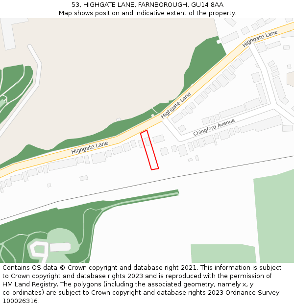 53, HIGHGATE LANE, FARNBOROUGH, GU14 8AA: Location map and indicative extent of plot