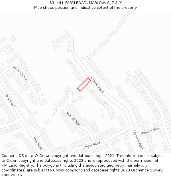 53, HILL FARM ROAD, MARLOW, SL7 3LX: Location map and indicative extent of plot