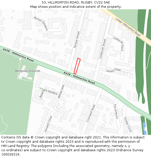 53, HILLMORTON ROAD, RUGBY, CV22 5AE: Location map and indicative extent of plot