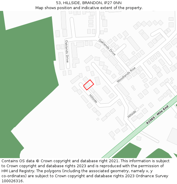 53, HILLSIDE, BRANDON, IP27 0NN: Location map and indicative extent of plot
