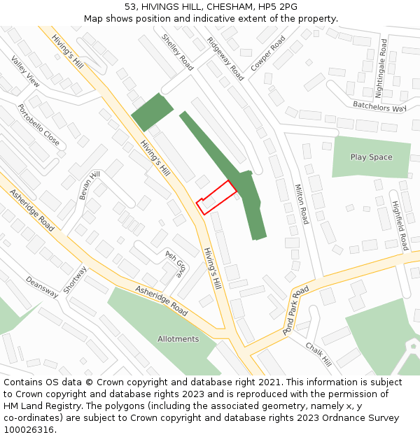 53, HIVINGS HILL, CHESHAM, HP5 2PG: Location map and indicative extent of plot