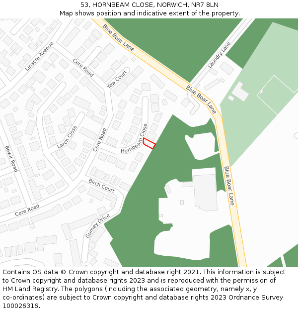 53, HORNBEAM CLOSE, NORWICH, NR7 8LN: Location map and indicative extent of plot